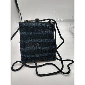 Vintage Lancome Black Beaded Evening Bag With Rope Strap 6" x 6"